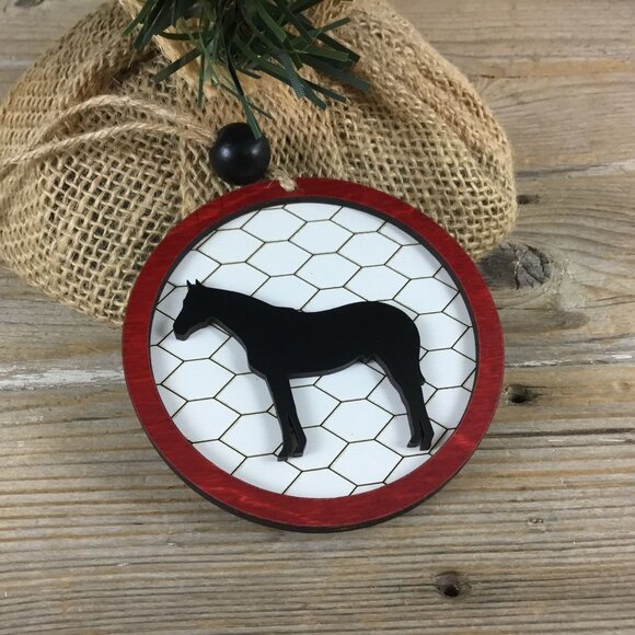 Horse Rustic Farm Christmas Ornament with Laser-Cut Chicken Wire Pattern - Picture 1 of 5